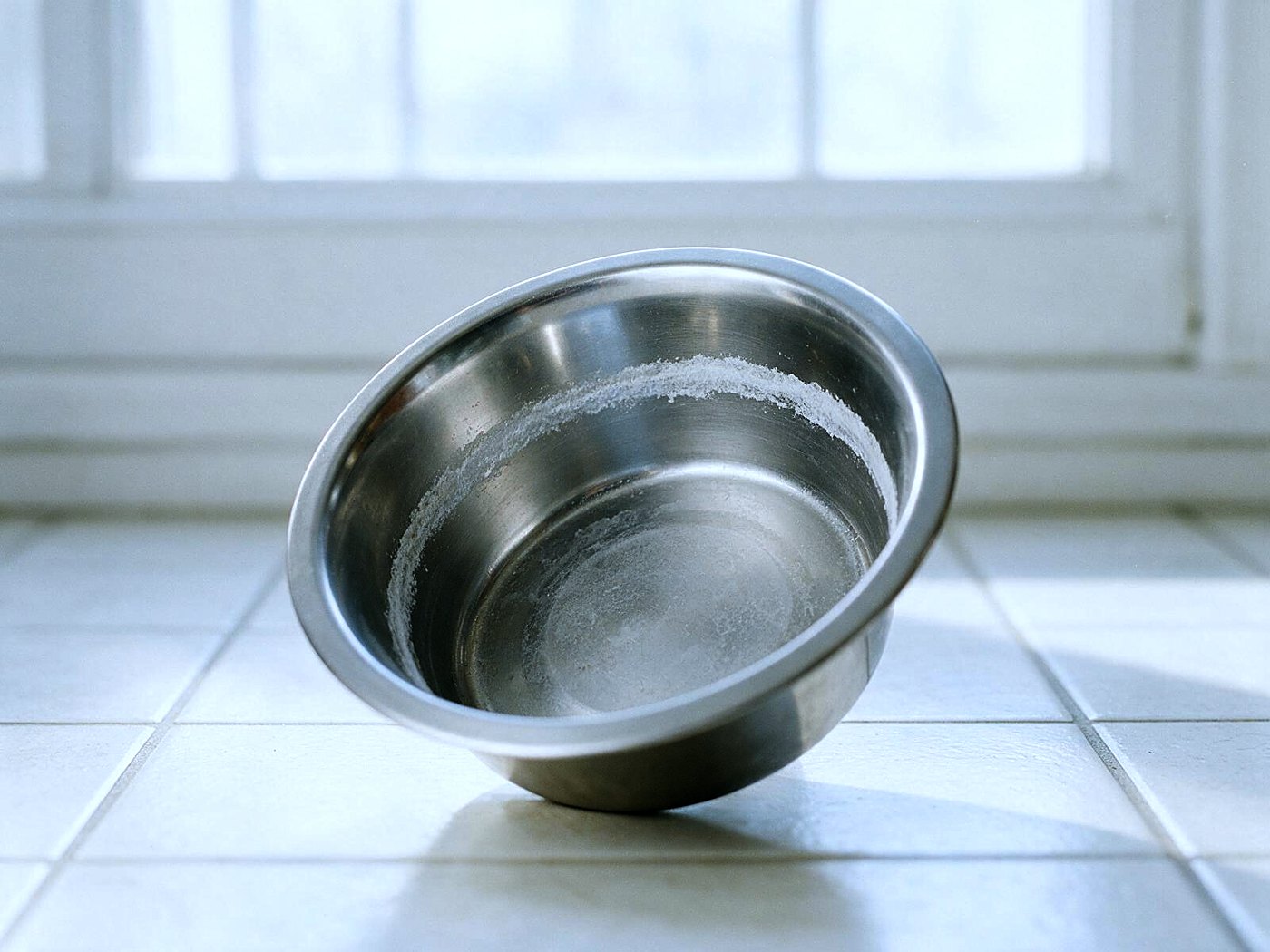 A stainless steel dog bowl with a white mineral ring dried onto the inside