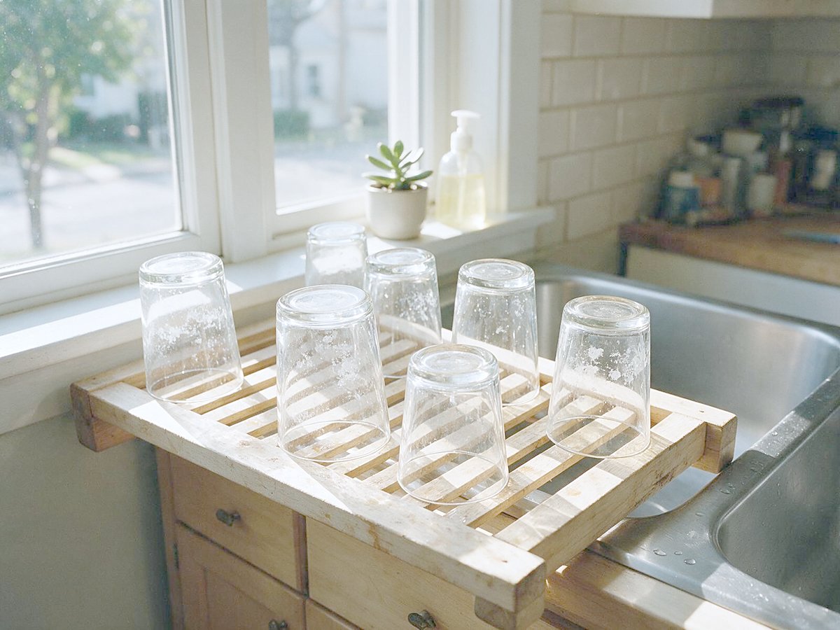 Cloudy, spotted drinking glasses on a kitchen drying rack