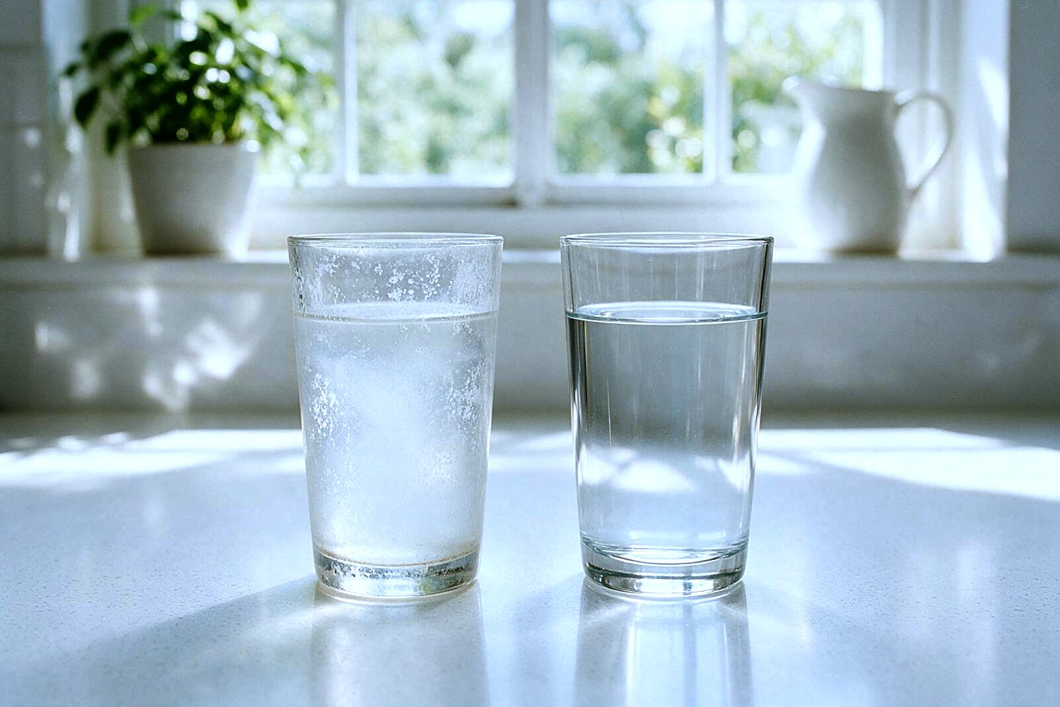 Two glasses of water side by side on a kitchen counter: the left one clouded with hard-water minerals, the right one clear
