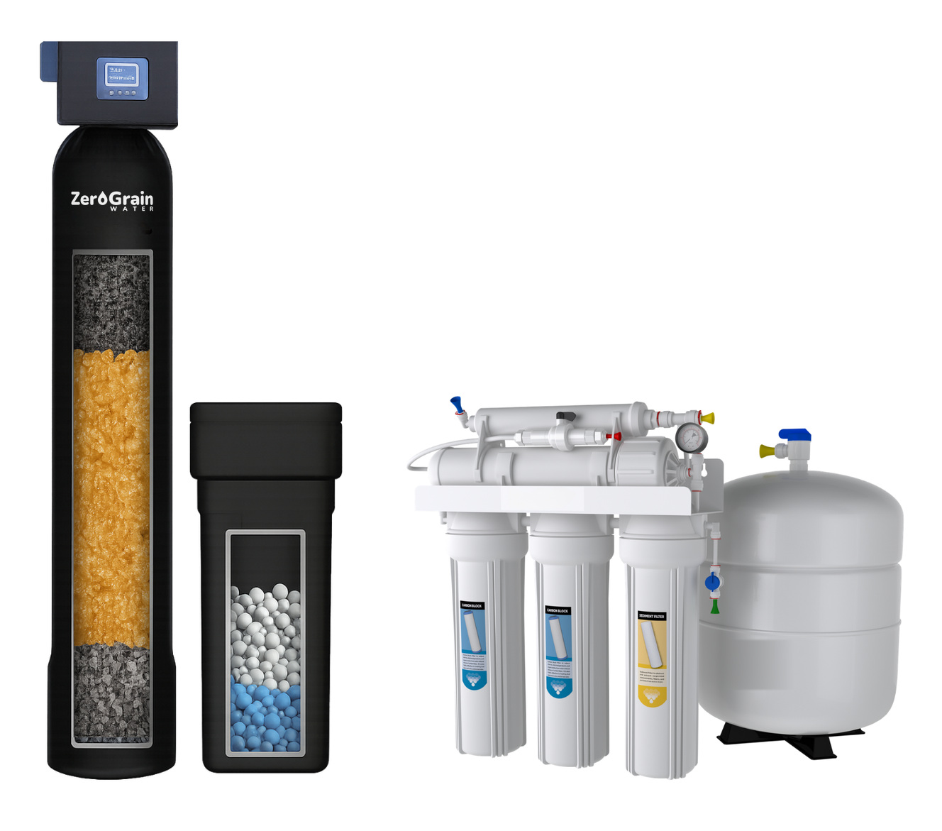 The ZeroGrain One: the whole-home tank with its brine tank beside it, and the five-stage reverse-osmosis unit with its storage tank
