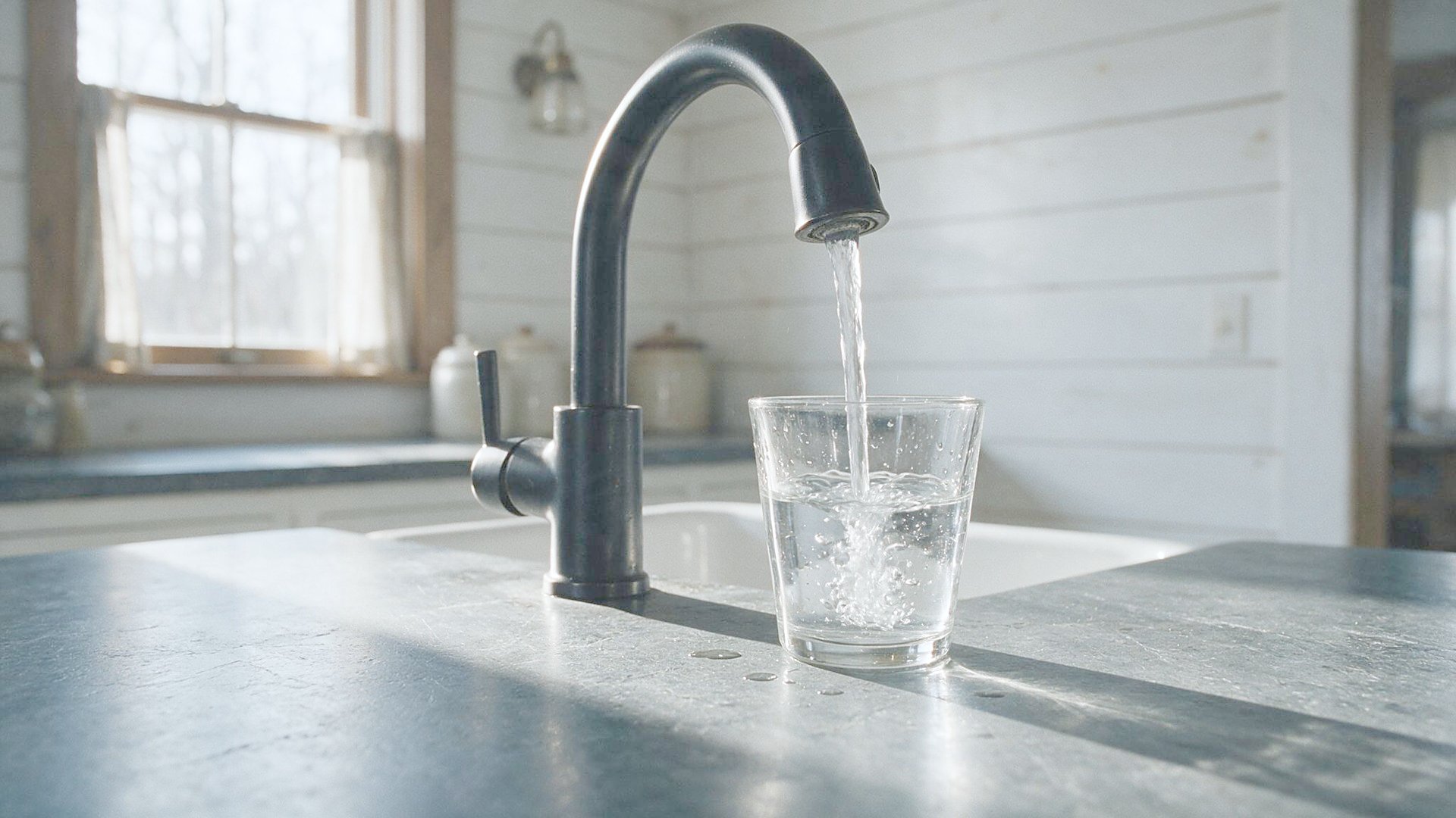 A glass filling at a kitchen tap