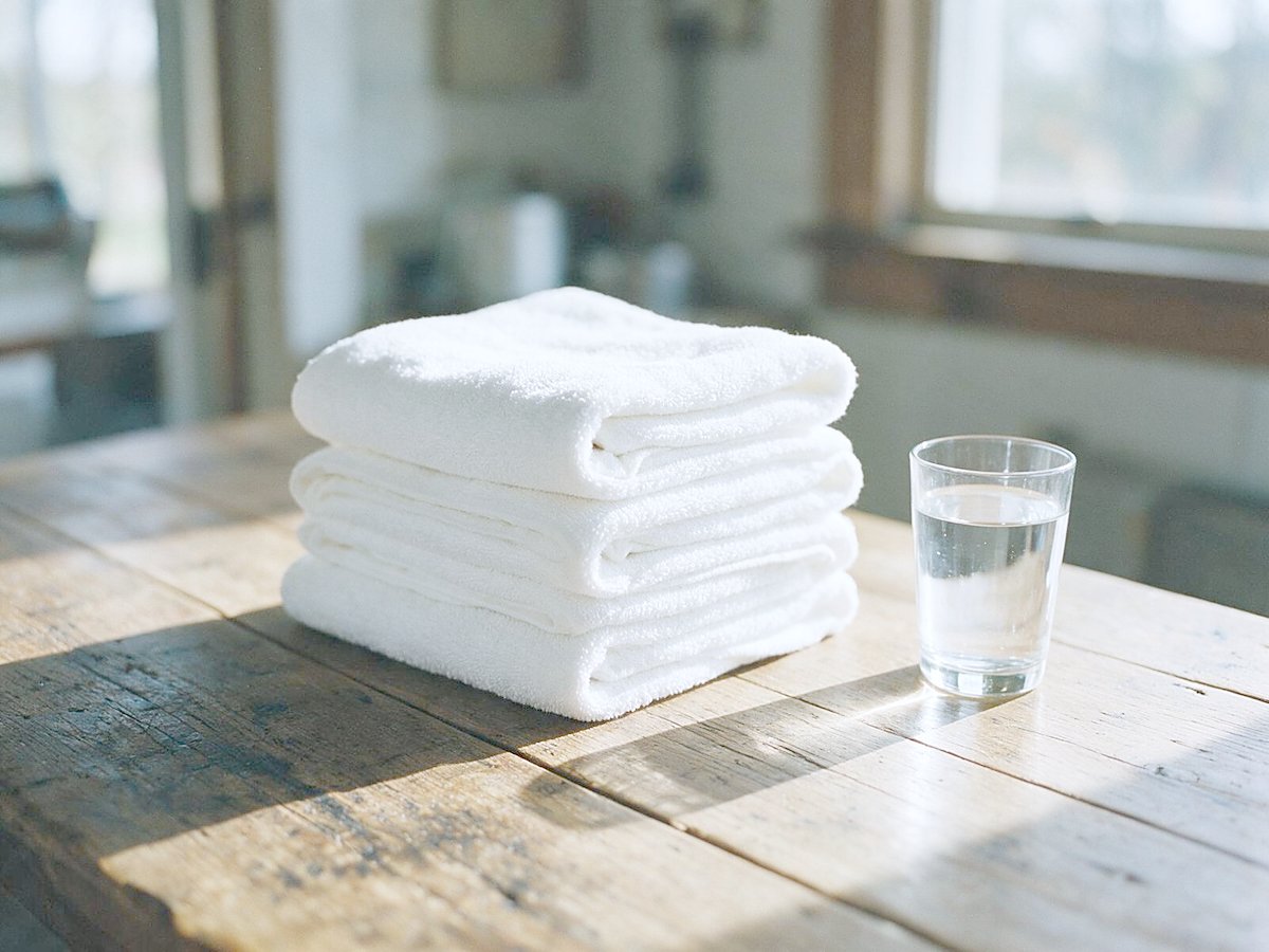 Folded white towels beside a glass of water